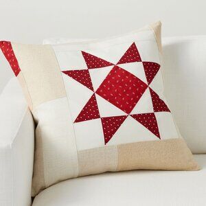 Pottery Barn Landier Pieced Pillow Cover 22" Square Patchwork Red Cream NEW